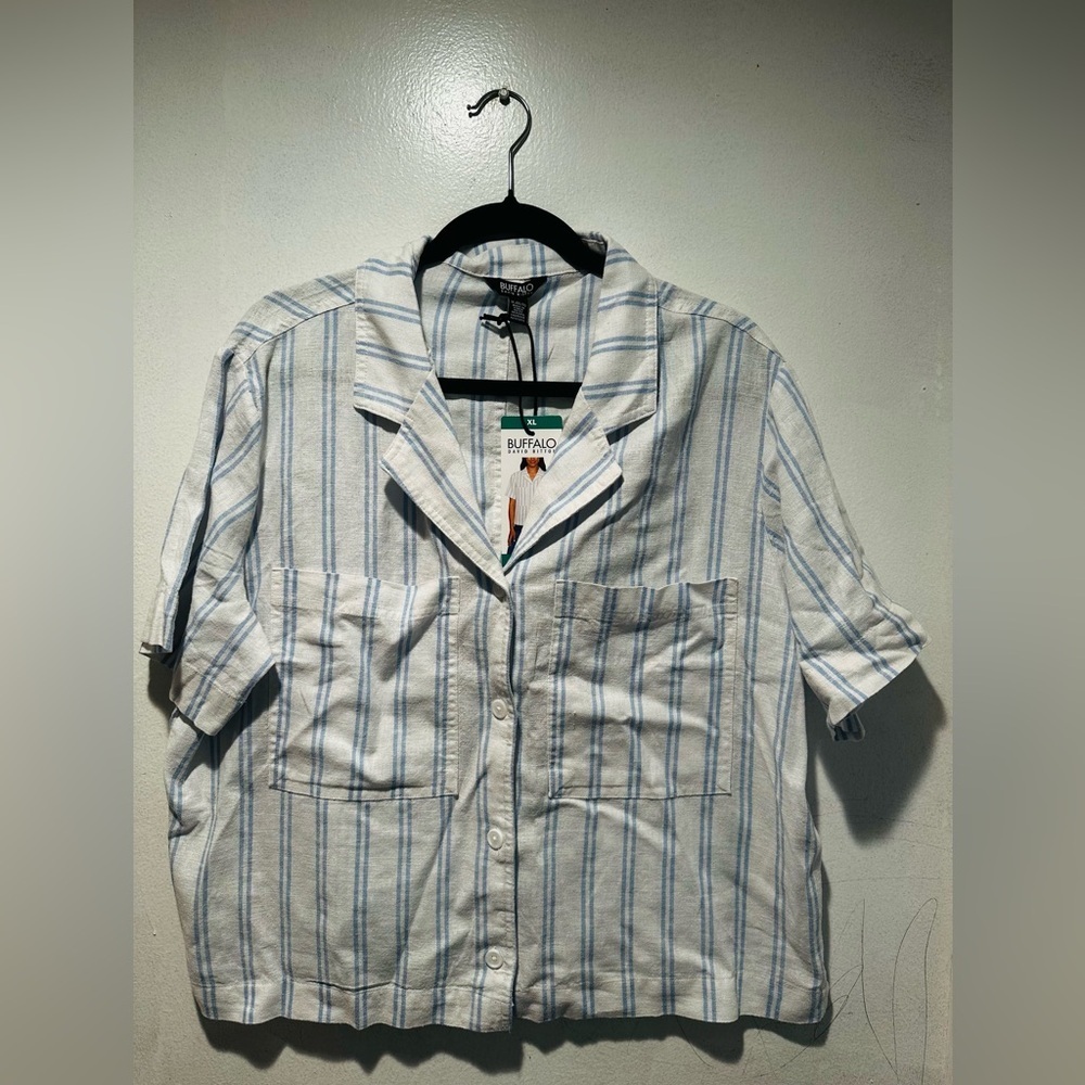 Buffalo David Bitton Women's White and Blue Striped Button-Down Shirt